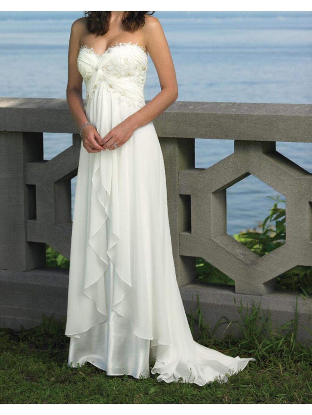 Strapless Wedding Dress with Veil Size 8 White Satin Chiffon Lace Empire Gold